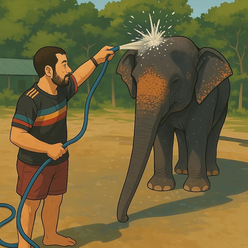 Brahim, fondateur de Muslim Nomad, lavant un éléphant en Thaïlande — illustration