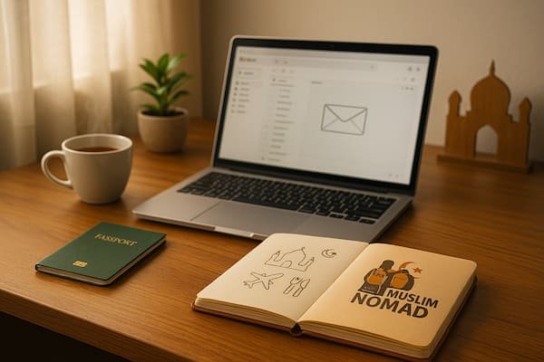 newsletter-voyageur-muslim-nomad Bureau de voyageur avec laptop passeport et carnet Muslim Nomad pour newsletter voyage halal