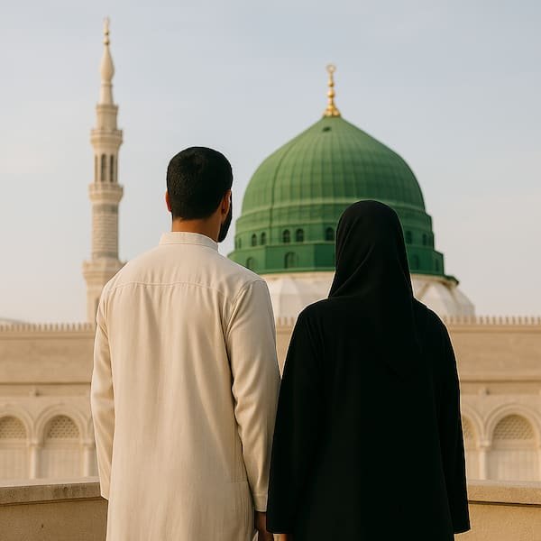 Couple avec vue sur le dôme vert de la mosquée du Prophète à Médine