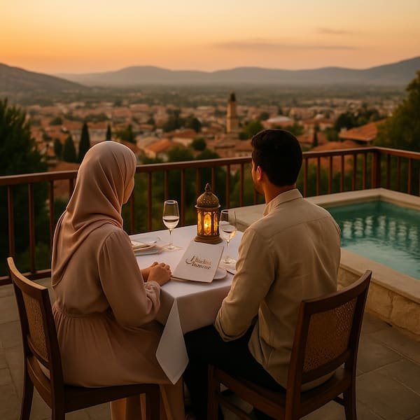 Couple musulman sur le balcon d'une villa privée avec piscine vue sur la ville